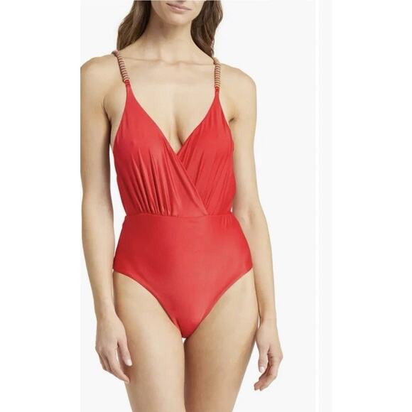 FARM Rio Beaded Strap Plunge Neck Red One Piece Swimsuit Size L NWT $195 - Picture 1 of 15